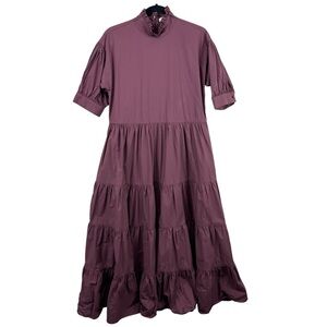 NWOT Peruvian Connection Ruffle Mock Neck Muted Purple Tiered Cotton Midi Dress
